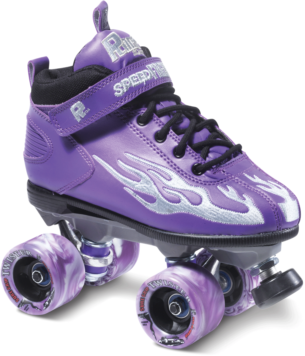 A Purple Roller Skate With White Flames