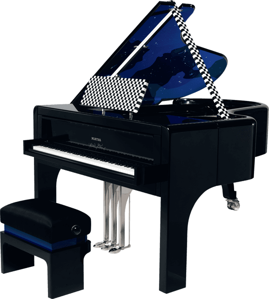 A Piano With A Blue And White Checkered Design