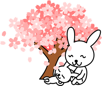A Cartoon Rabbit And Baby Under A Tree With Pink Flowers