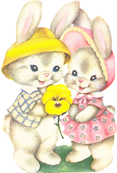A Couple Of Bunnies Holding A Flower
