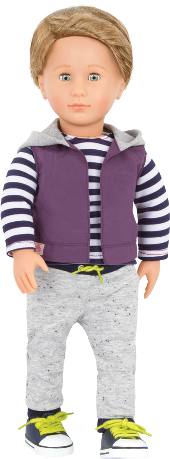 A Doll Wearing A Purple Vest And Grey Pants