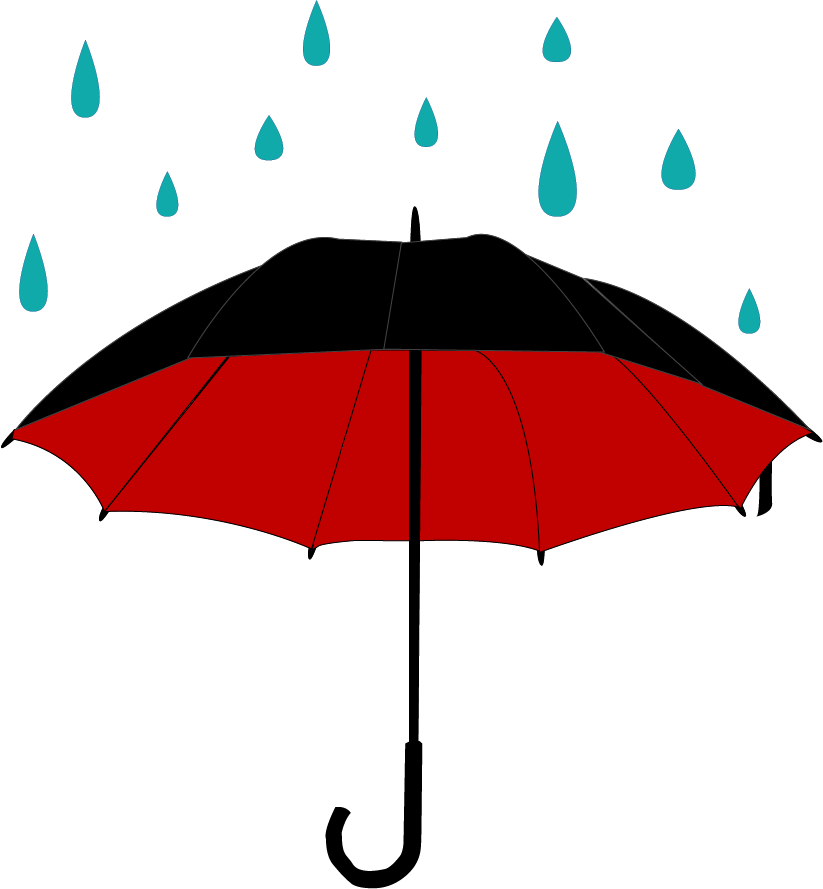 A Red And Black Umbrella With Blue Raindrops