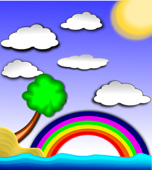 A Rainbow And Clouds On A Beach