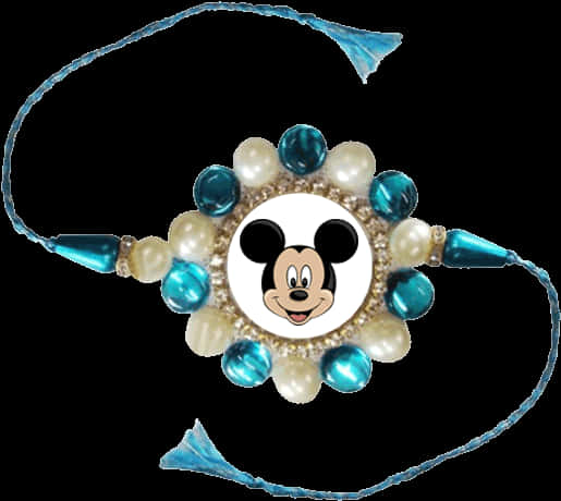 A Blue And White Beaded Bracelet With A Cartoon Mouse On It