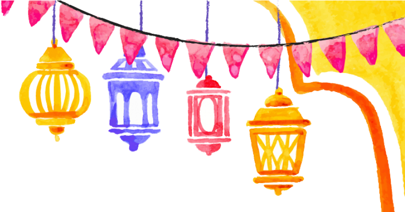 A Watercolor Drawing Of Lanterns And Flags