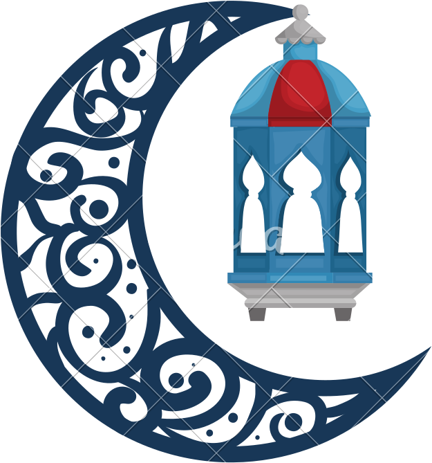 A Blue And White Lantern On A Crescent Moon