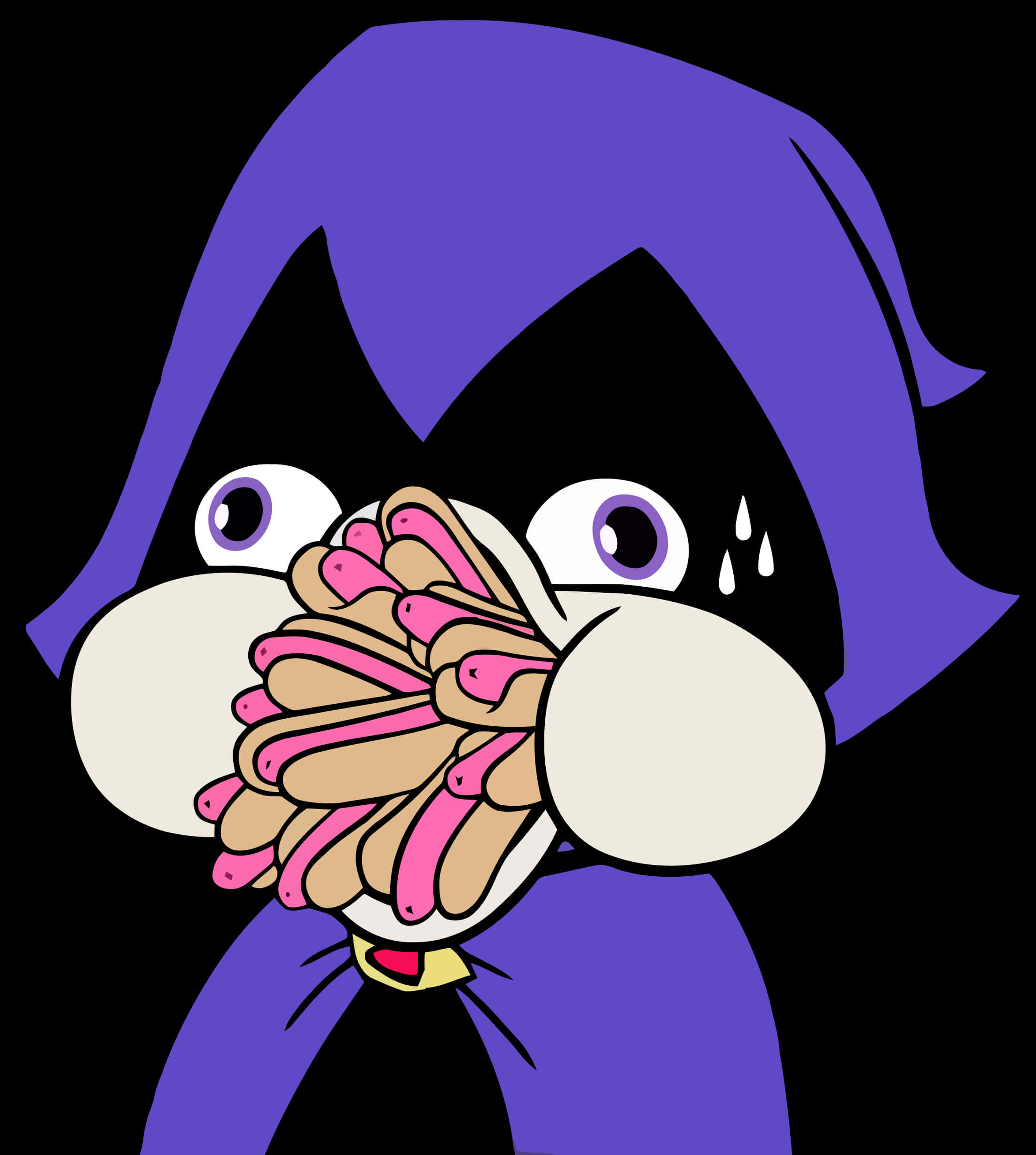 Cartoon Of A Purple Hooded Figure With A Bunch Of Cookies In Its Mouth