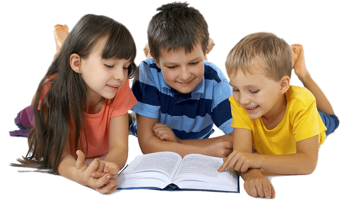 A Group Of Children Reading A Book