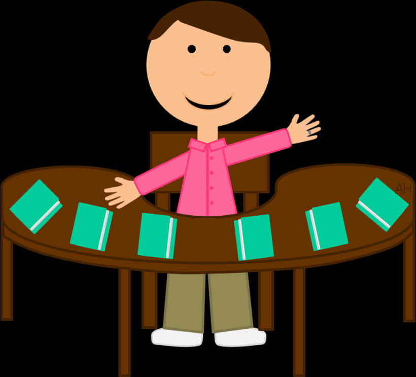 A Cartoon Of A Man Sitting At A Table With Books Around It