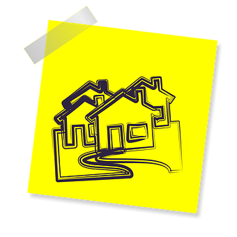 A Yellow Post It Note With A Drawing Of Houses On It