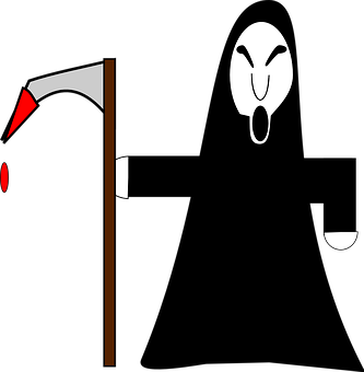 A Cartoon Of A Scythe And A White Face