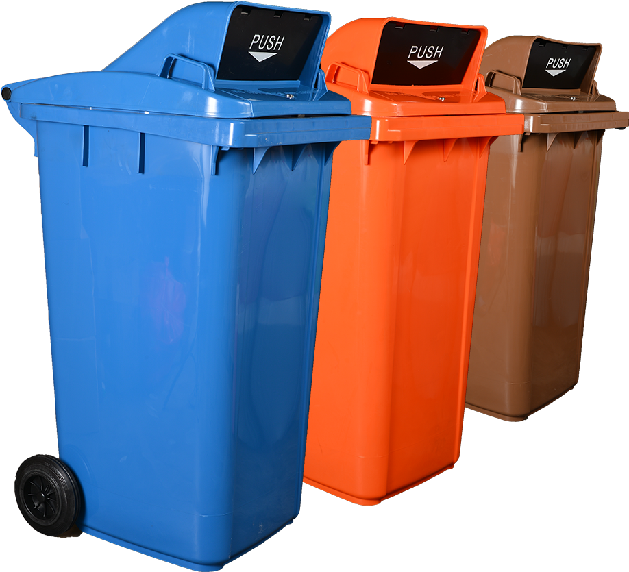 A Row Of Blue Orange And Brown Trash Cans