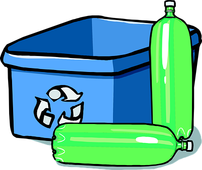 A Blue Container With Green Plastic Bottles