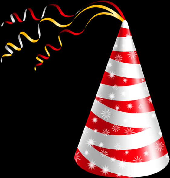 A Red And White Striped Party Hat With Streamers