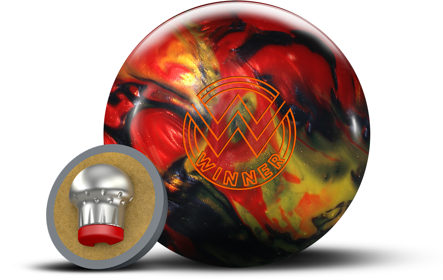A Bowling Ball With A Logo And A Coin