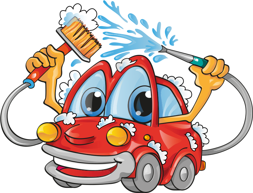 A Cartoon Car With Soapy Water And A Brush