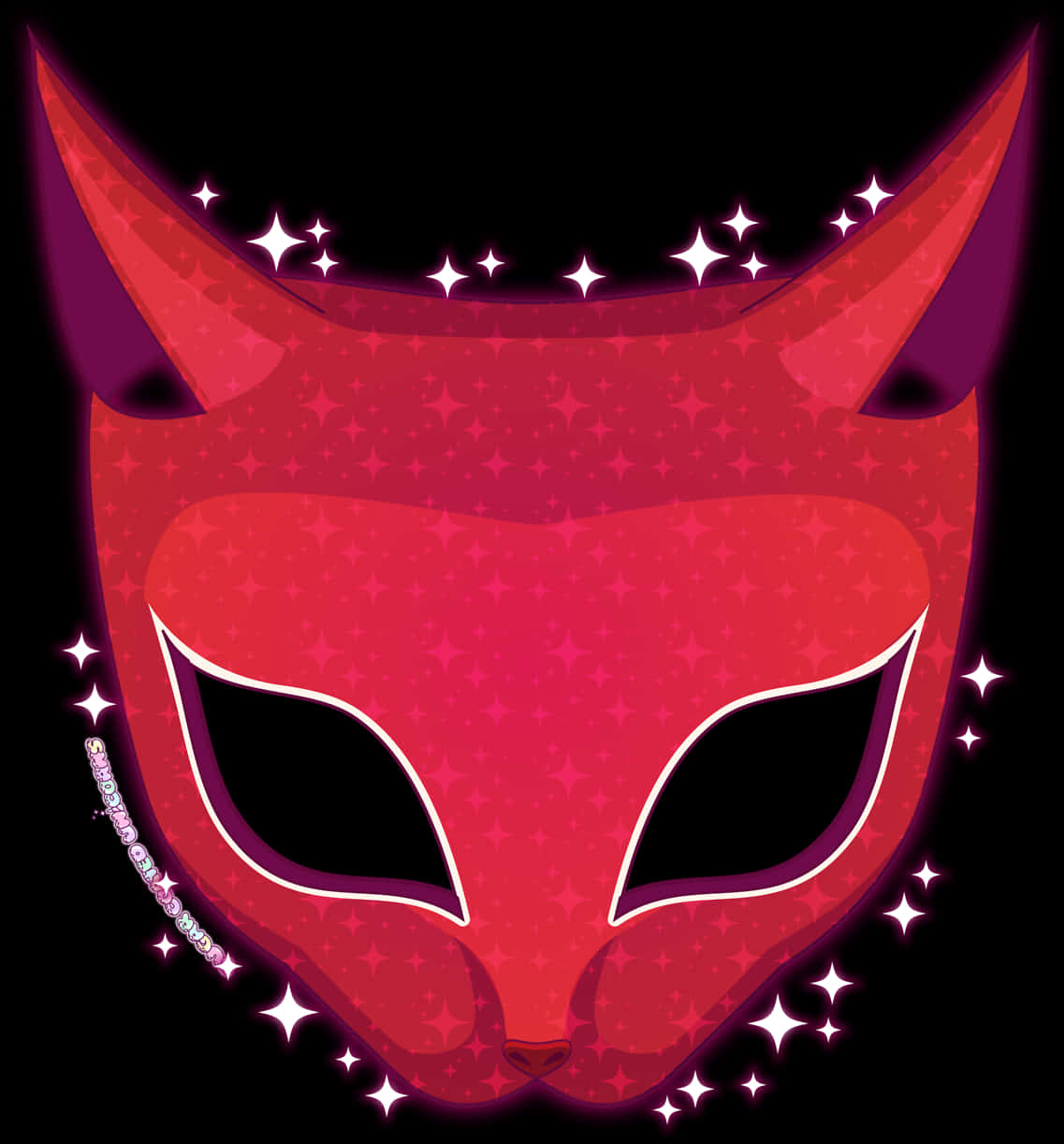 A Red Cat Mask With Black Eyes And Stars