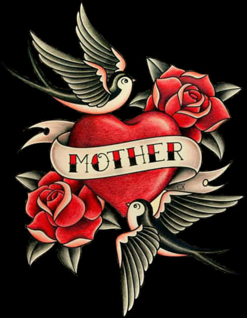 Red Heart With Mother Label Tattoo