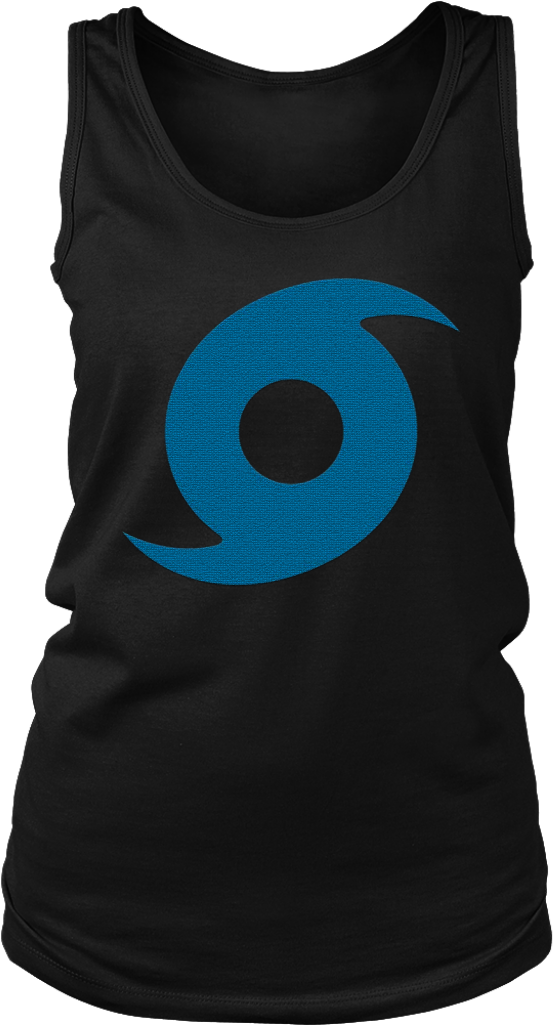 A Person Wearing A Black Shirt With A Blue Spiral On It