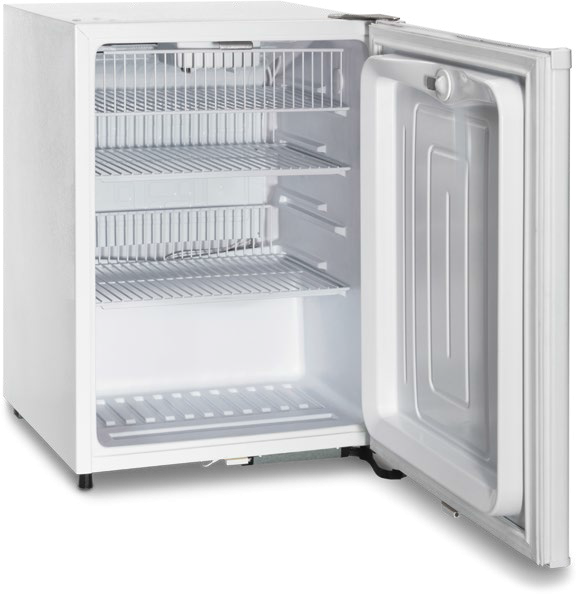 A Small White Refrigerator With A Door Open
