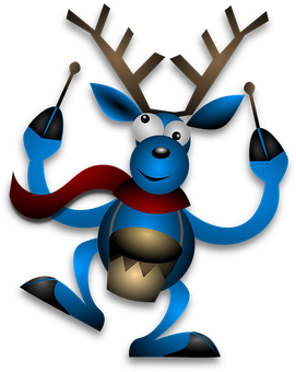 A Blue Reindeer With Horns And A Red Scarf And Drumsticks