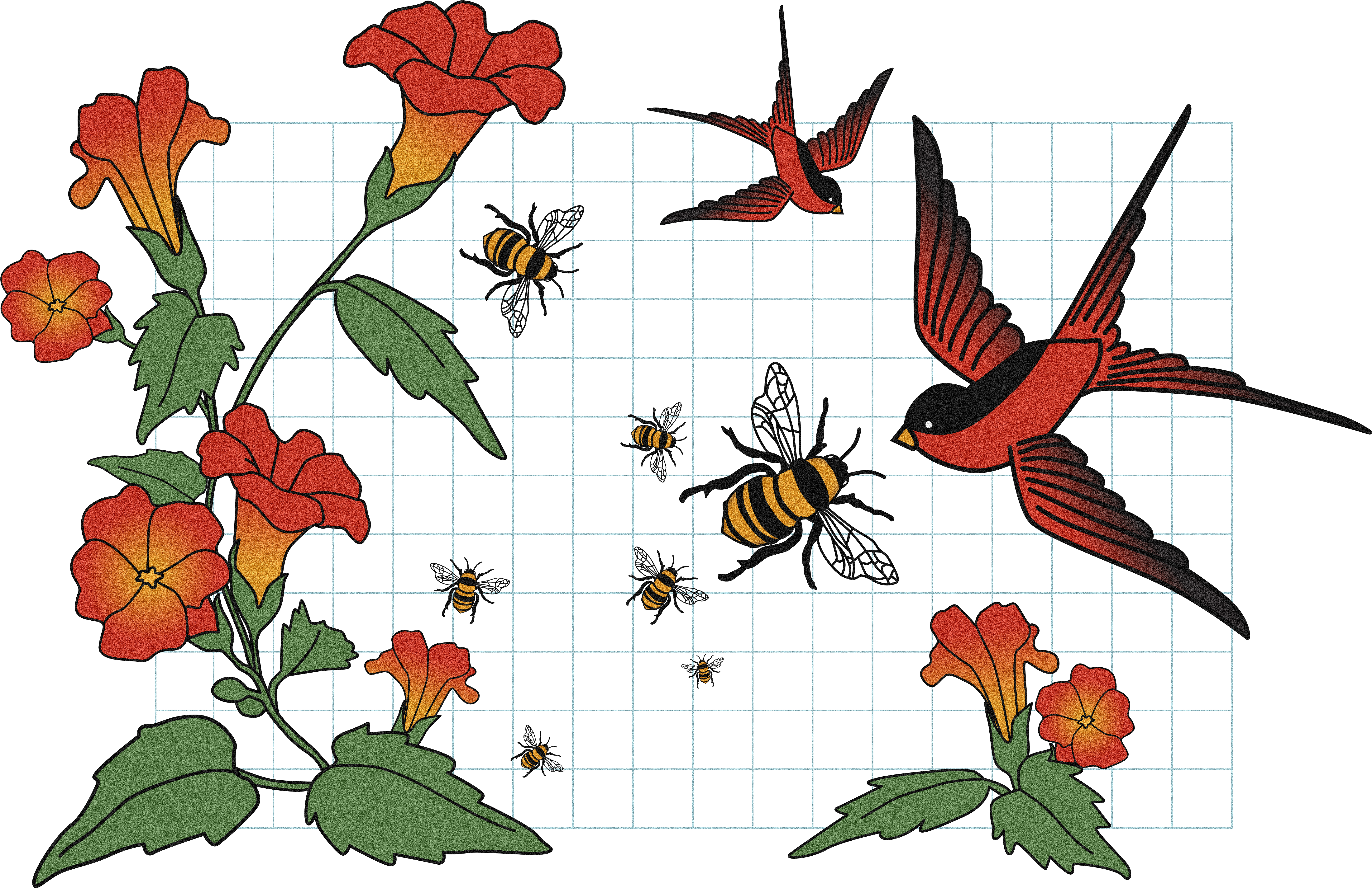 A Drawing Of A Bird And Flowers
