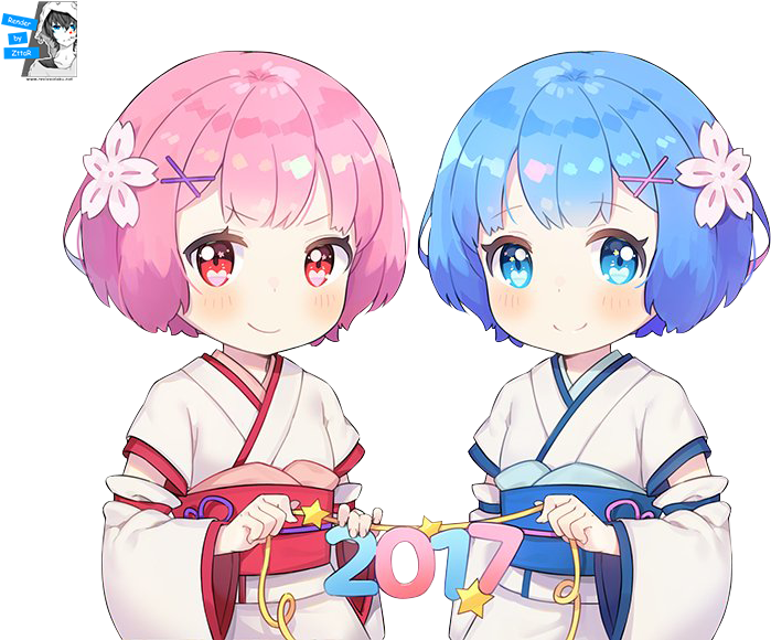 Cartoon Girls With Pink And Blue Hair Holding A String With Numbers