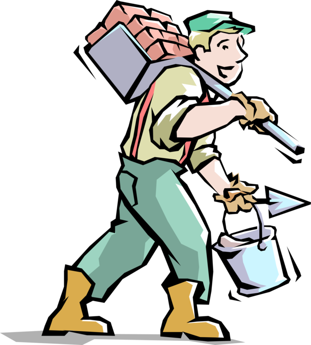 A Cartoon Of A Man Carrying A Bucket And A Shovel