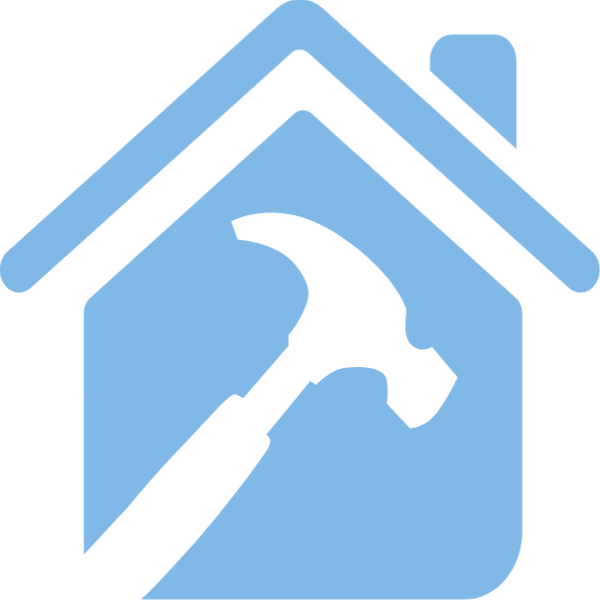 A Blue And Black Symbol Of A House With A Hammer
