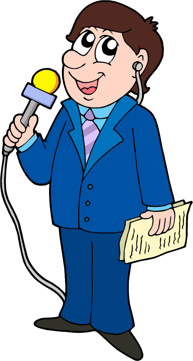 Cartoon Of A Man Holding A Microphone And Paper