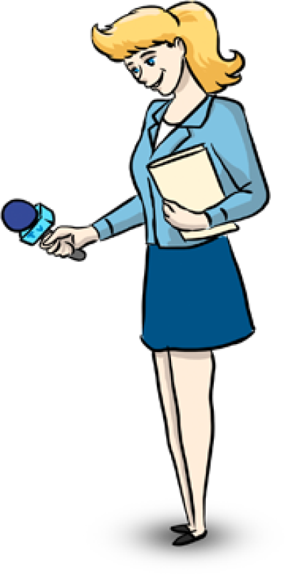 A Cartoon Of A Woman Holding A Microphone And A Book