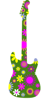A Green Guitar With Flowers On It