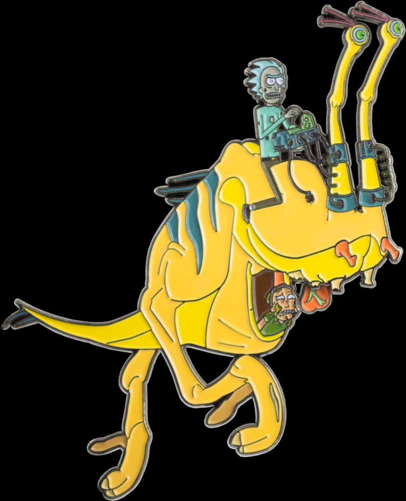 A Yellow Cartoon Character With Two Men Riding On A Yellow Dinosaur