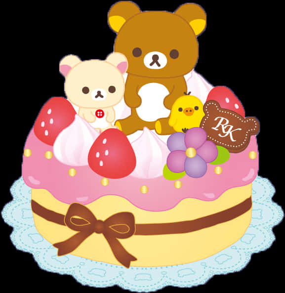 A Cake With Teddy Bears And Flowers