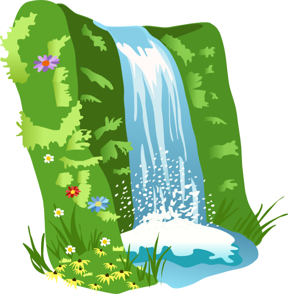 A Waterfall With Flowers And Grass