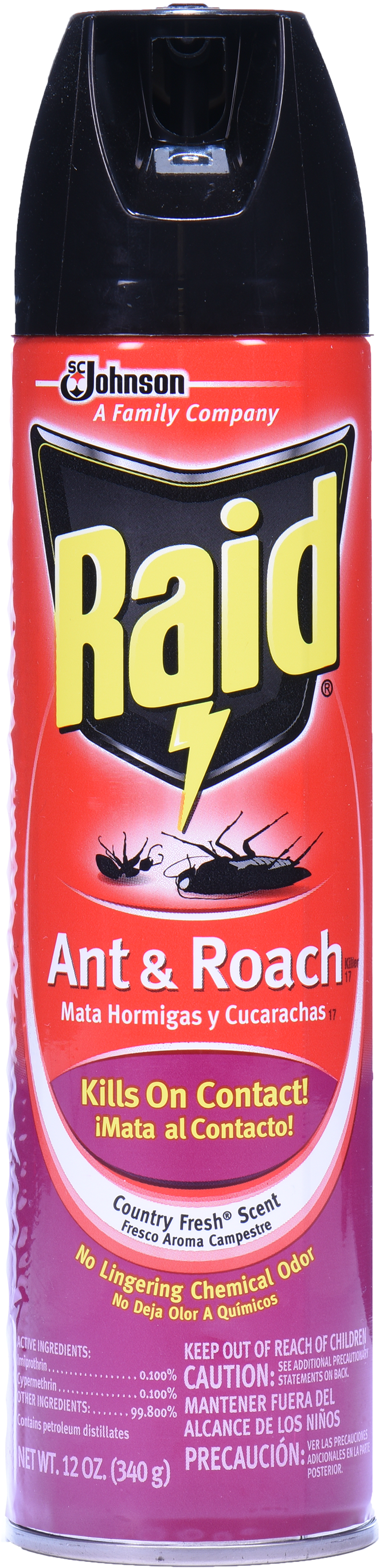 A Red Can With A Label And A Black Insect