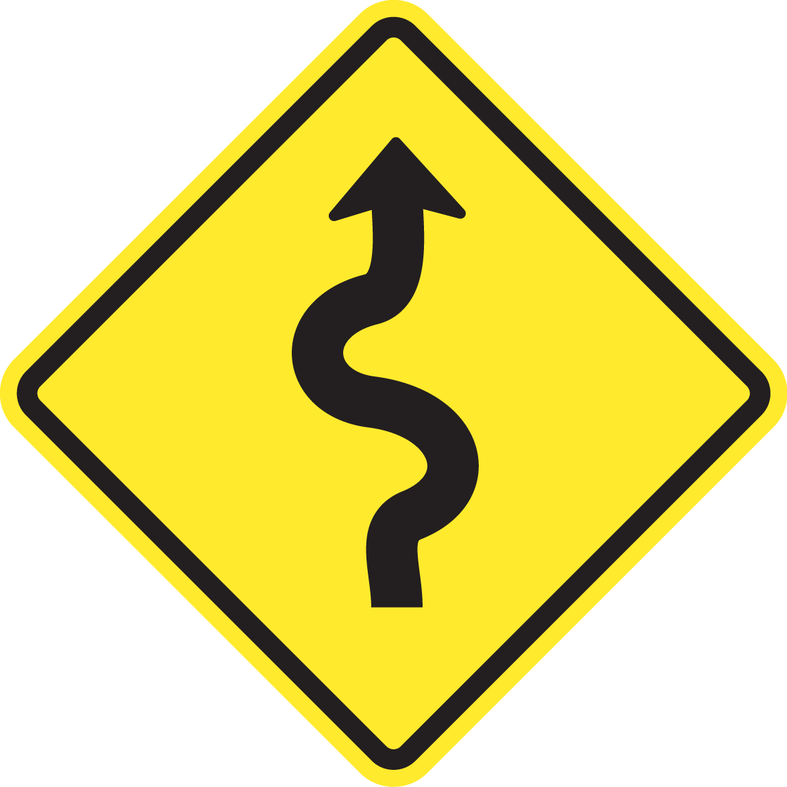 A Yellow Road Sign With A Curved Arrow