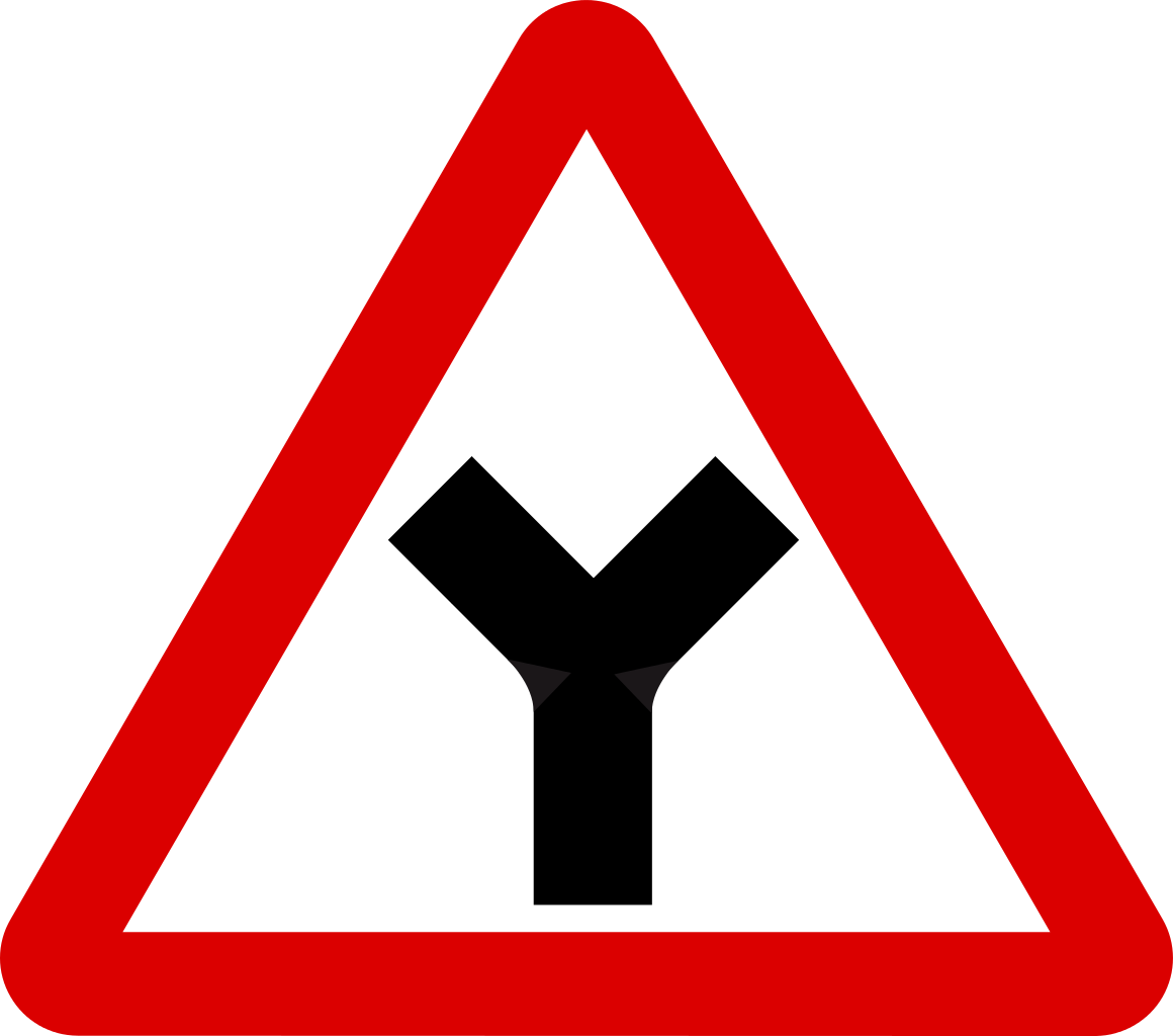 A Red And White Triangle Sign With Black Arrow