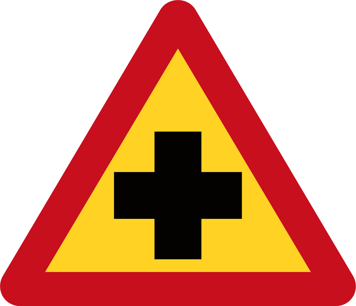 A Red And Yellow Triangle Sign With A Black Cross