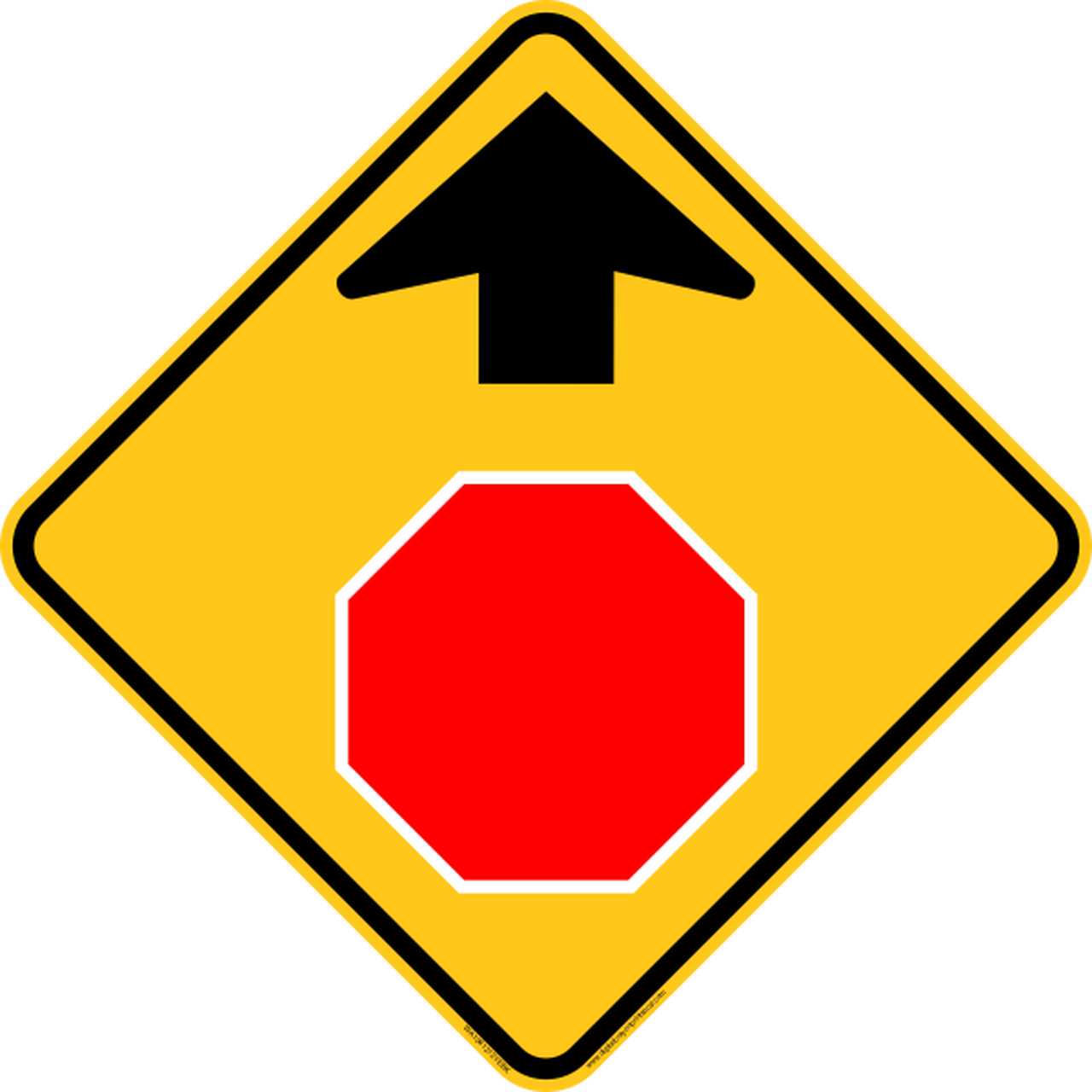 A Yellow Sign With A Red Octagon And An Arrow