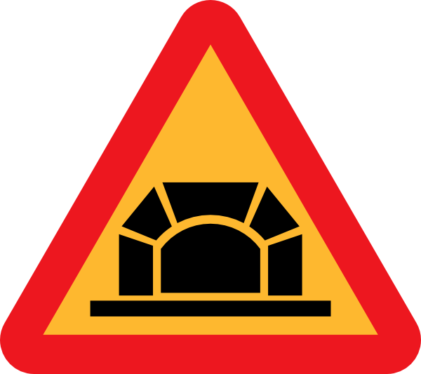A Yellow And Red Sign With A Tunnel In The Middle
