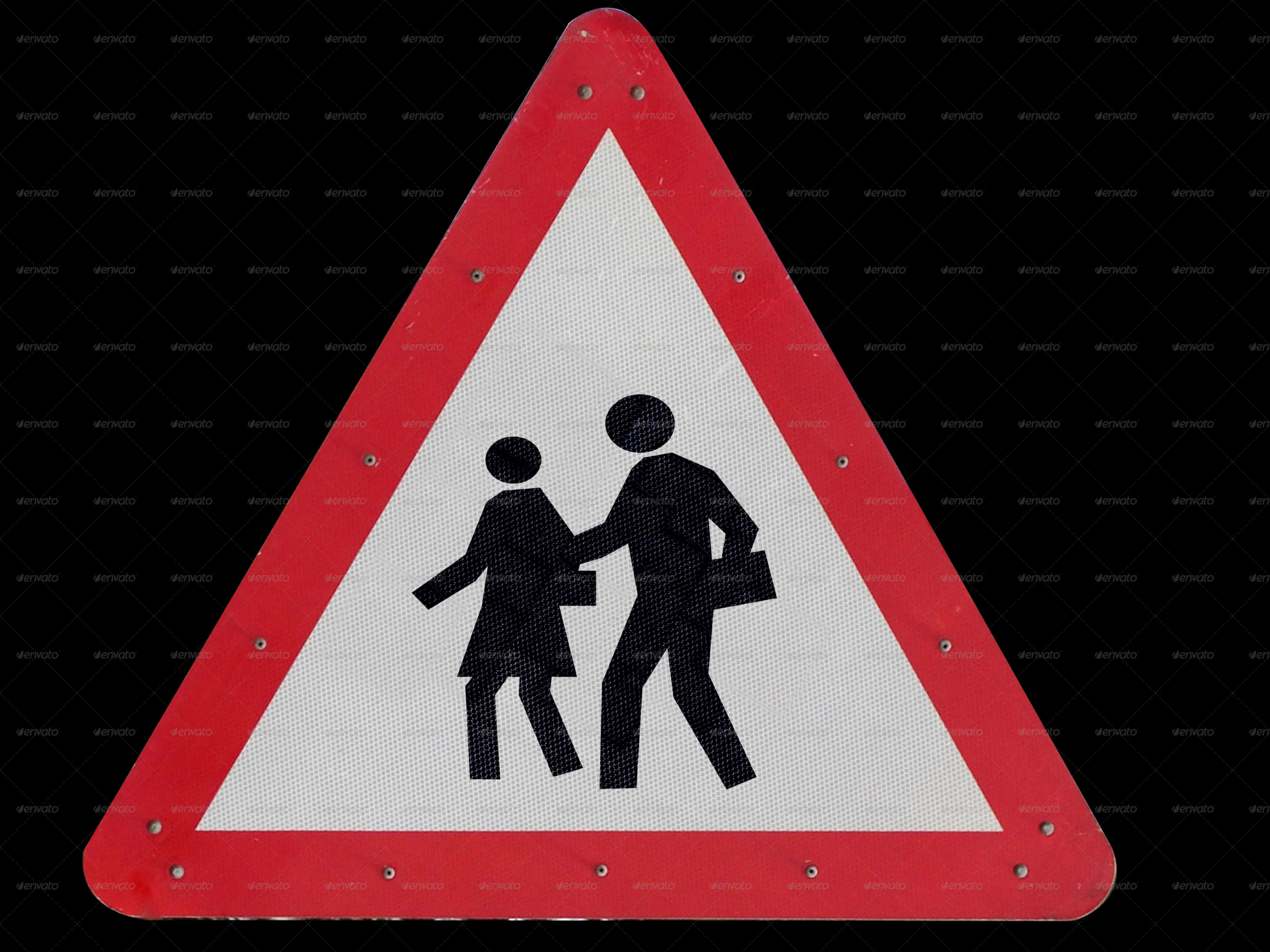 A Red And White Triangle Sign With Black People On It