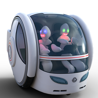 A White Robot With Glowing Eyes Inside A Round White Vehicle