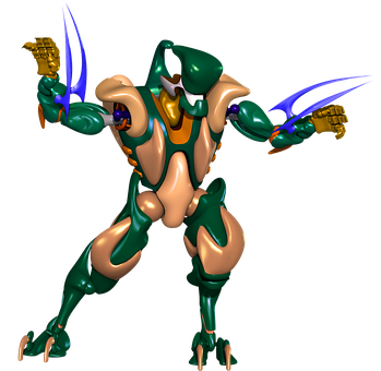 A Green And Gold Robot With Blue And Purple Claws