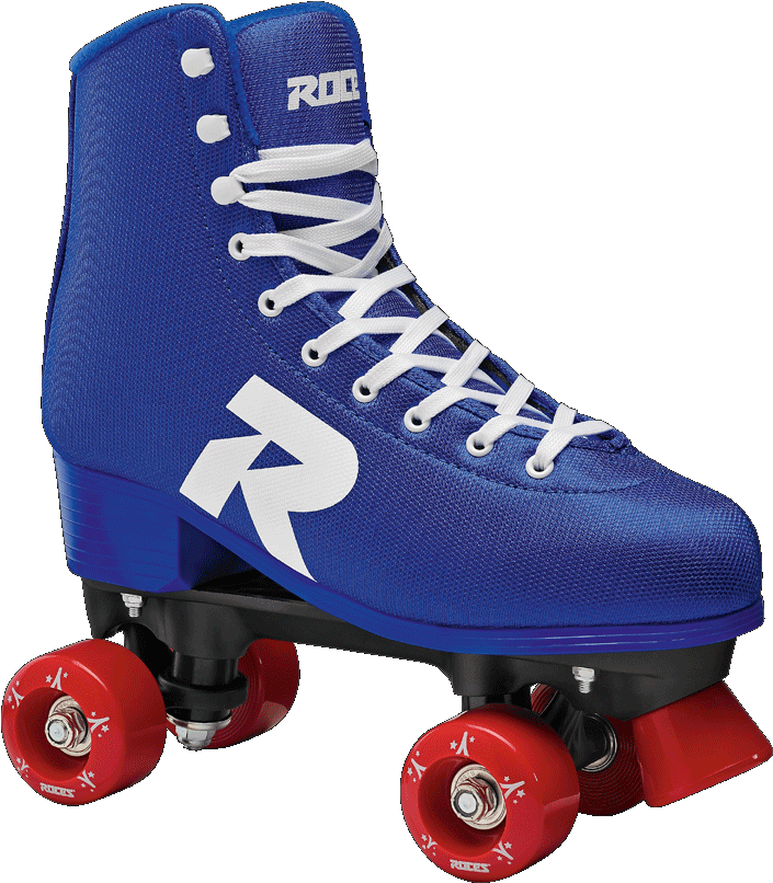 A Blue Roller Skate With Red Wheels