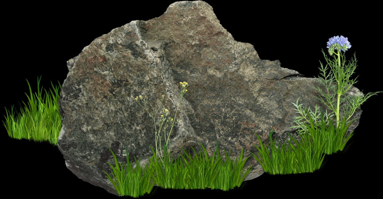 Rock With Flower And Grass