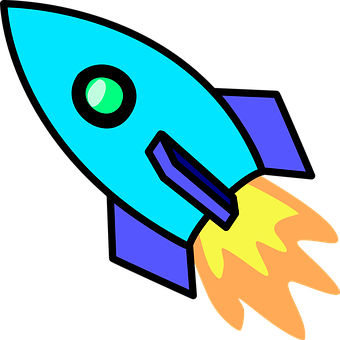 A Blue Rocket With A Green Circle And A Fire