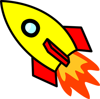 A Yellow Rocket With Red And Orange Flames