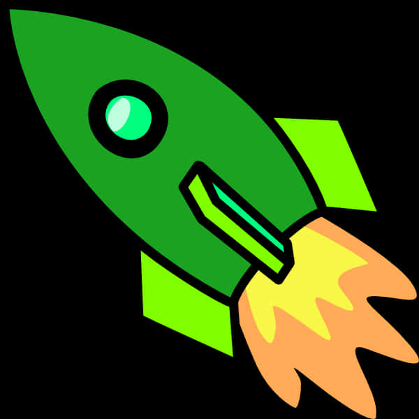 A Green Rocket With A Green And Orange Flame