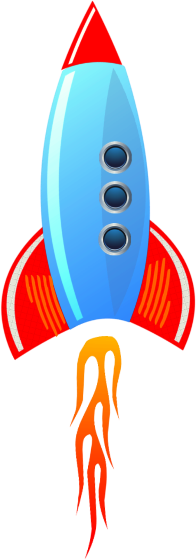 A Blue And Red Rocket With Three Circles And A Red And Orange Object